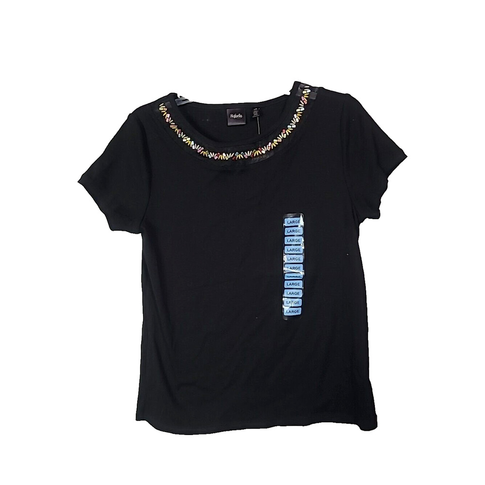 NWT Rafaella Black Stone Embellished Crew Neck Short Sleeve Knit Top Woman Large